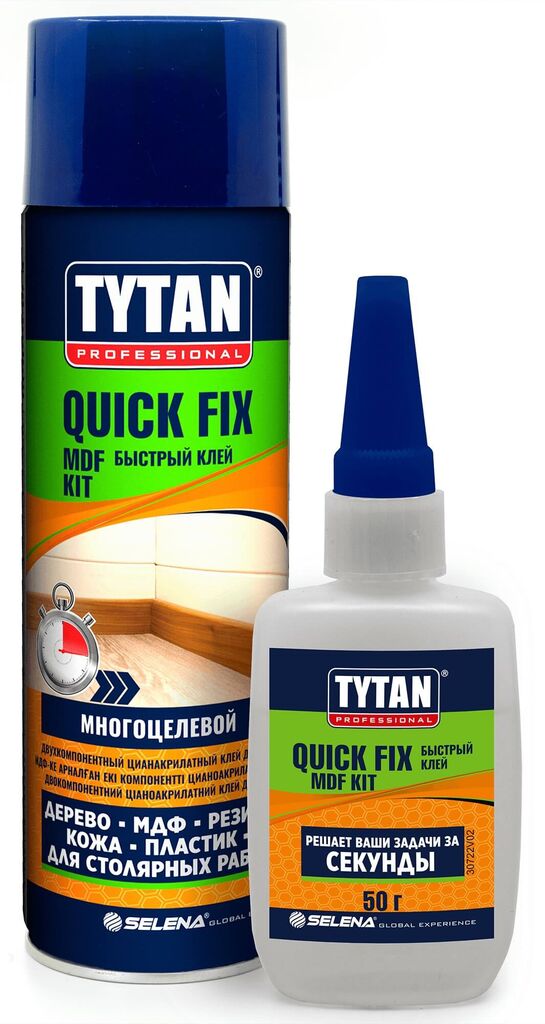 TYTAN Professional Quiсk Fix клей цианакрилатный двухкомпонентный для МДФ прозрачный 200мл/50г