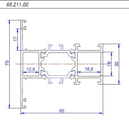 65.211.00 Импостный профиль 70 мм (32мм.) 65М неокрас L=6500 (1)